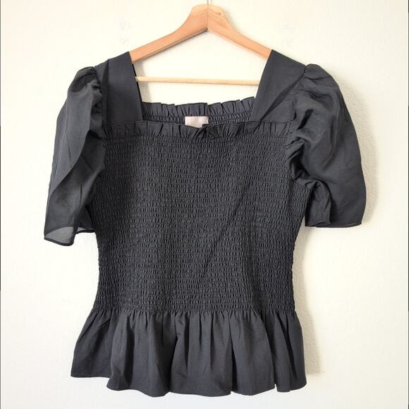 Rachel Parcell Black Smocked Blouse Size L Ruffle Puff Sleeve Square Neck Top - Picture 5 of 8